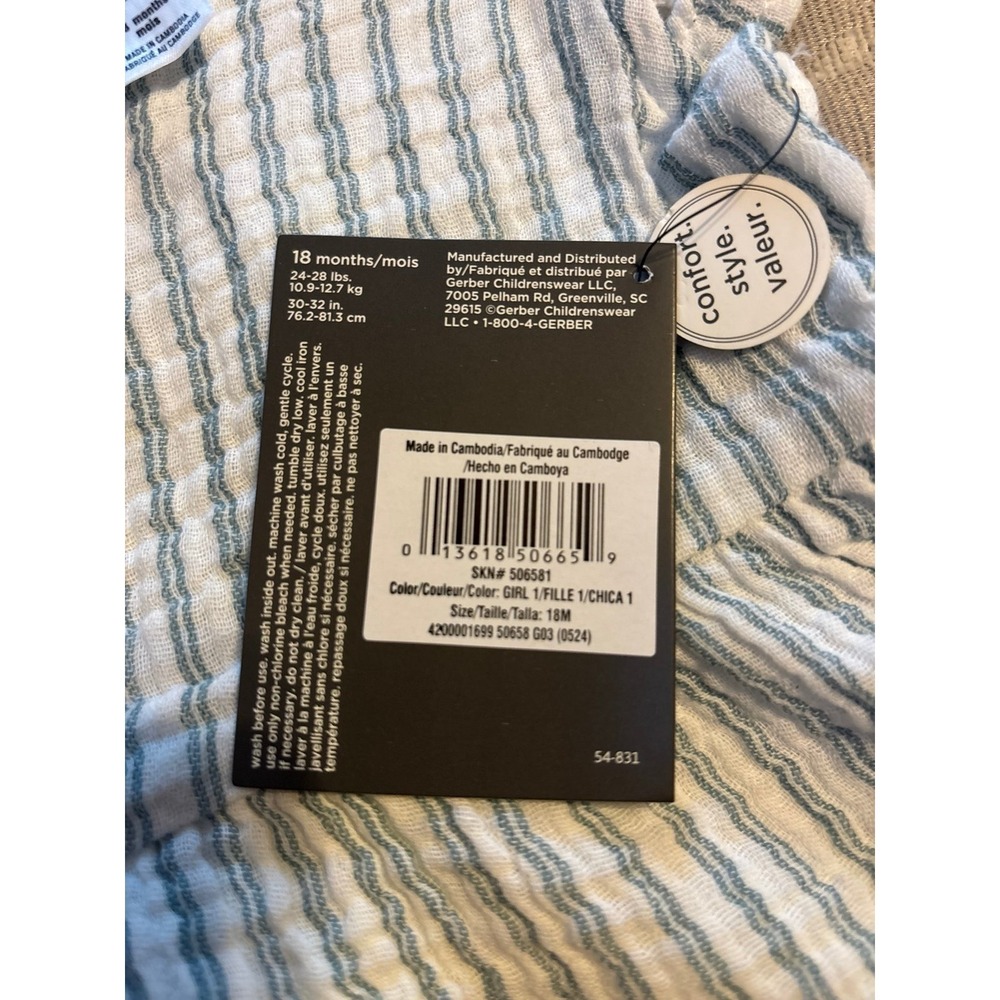 Modern Moments by Gerber Baby Girl Blue Striped Cotton Flutter Dress 18M (B1) - Picture 9 of 10